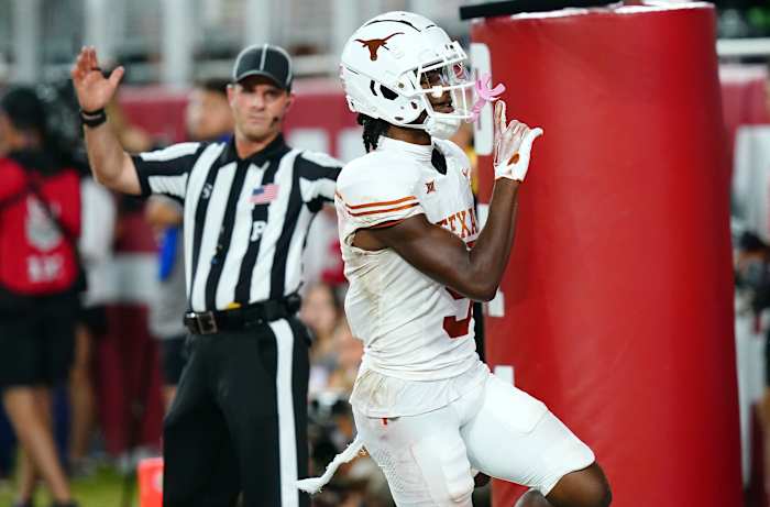 Sep 9, 2023; Tuscaloosa, Alabama, USA; Texas Longhorns wide receiver Adonai Mitchell (5) celebrates his touchdown pass against the Alabama Crimson Tide during the fourth quarter at Bryant-Denny Stadium. Mandatory Credit: John David Mercer-USA TODAY Sports